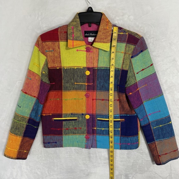 Vintage Rainbow Blazer Jacket Size XS Boxy Colorful Neon Pop Art Deco Tribal 90s - Picture 9 of 15